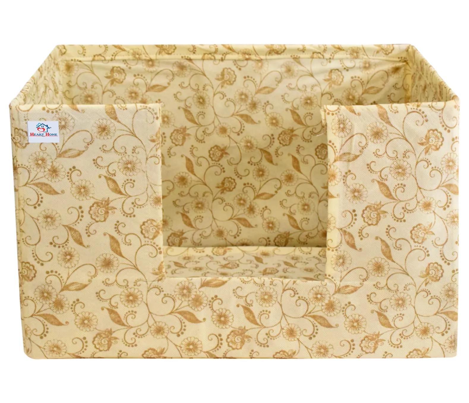 Heart Home Metallic Flower Printed Non-Woven Foldable Saree Stacker, Wardrobe Organizer, Storage Bin With Handle- Pack of 3 (Ivory)-HS43HEARTH26370