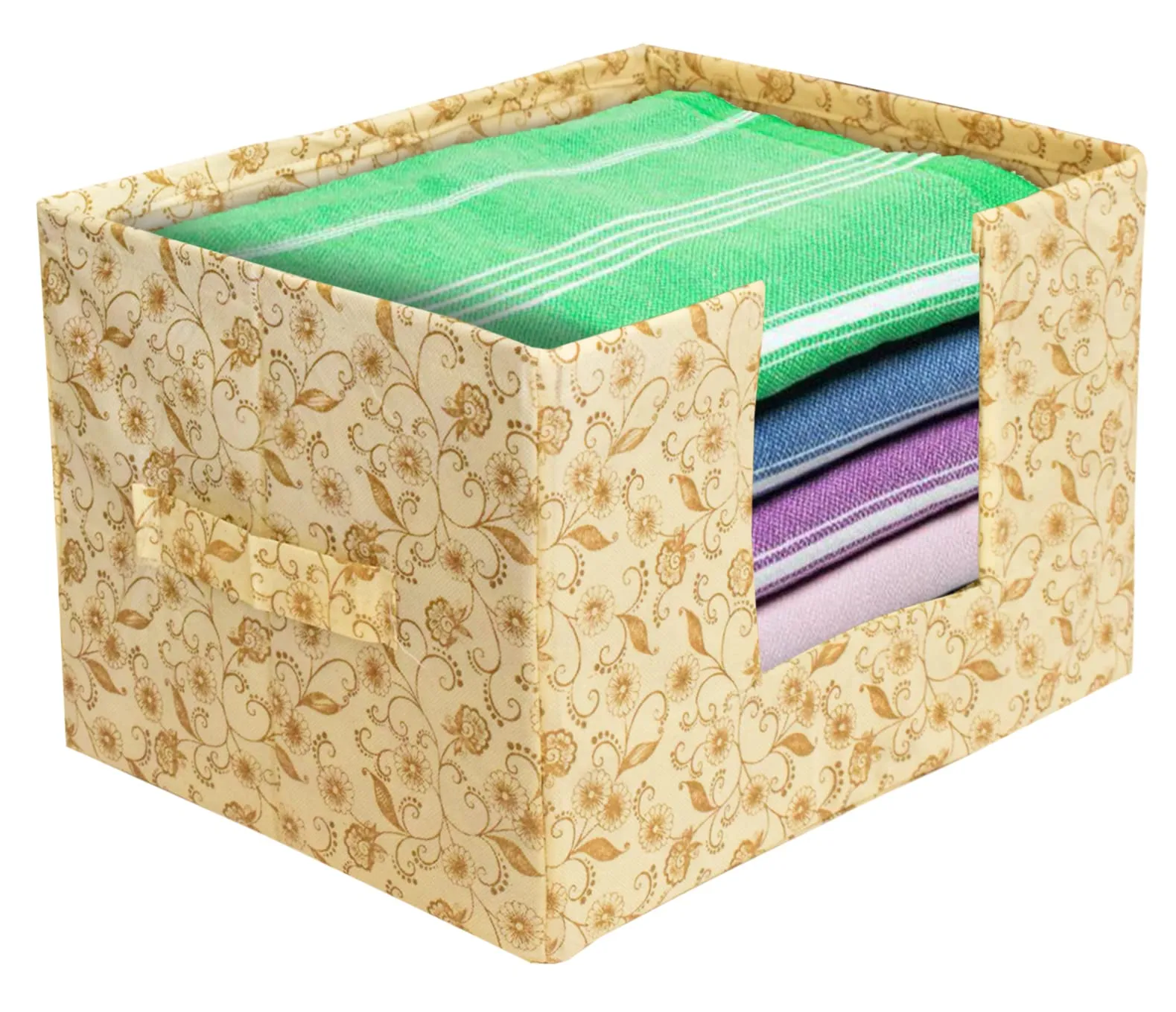 Heart Home Metallic Flower Printed Non-Woven Foldable Saree Stacker, Wardrobe Organizer, Storage Bin With Handle- Pack of 4 (Ivory)-HS43HEARTH26372